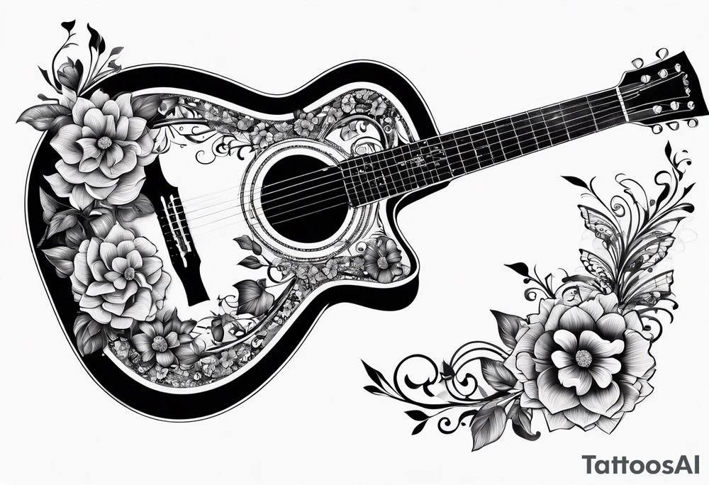 Whole electric acoustic Guitar with flowers growing off the side, butterflies tattoo idea
