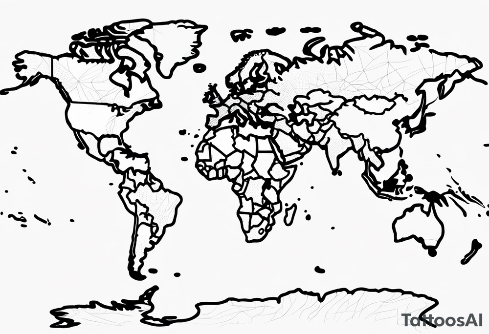 the earth with accurate borders of countries on a flat map design without bold borders with very light shading placed on a grid which only has the lines tattoo idea
