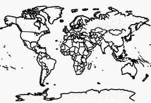the earth with accurate borders of countries on a flat map design without bold borders with very light shading placed on a grid which only has the lines tattoo idea