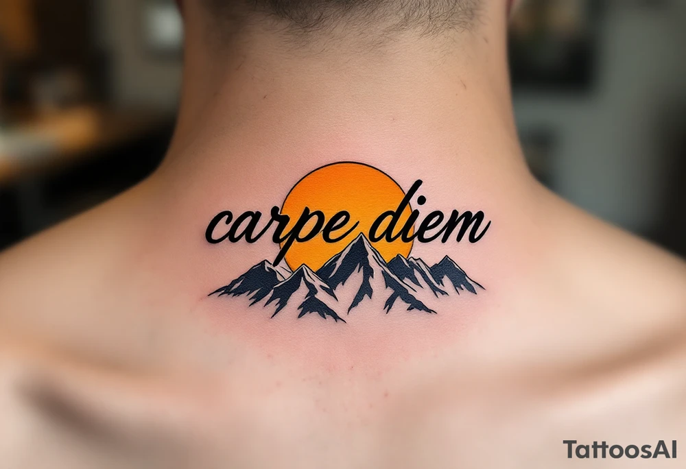 An arched black minimalist font "carpe diem" over a gray mountain range and golden sun. tattoo idea