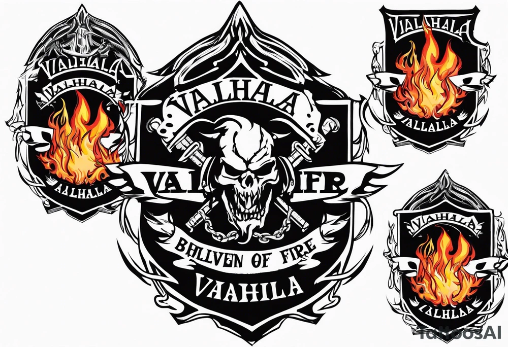 Valhalla on fire
flames sword shield barb wire tattoo idea