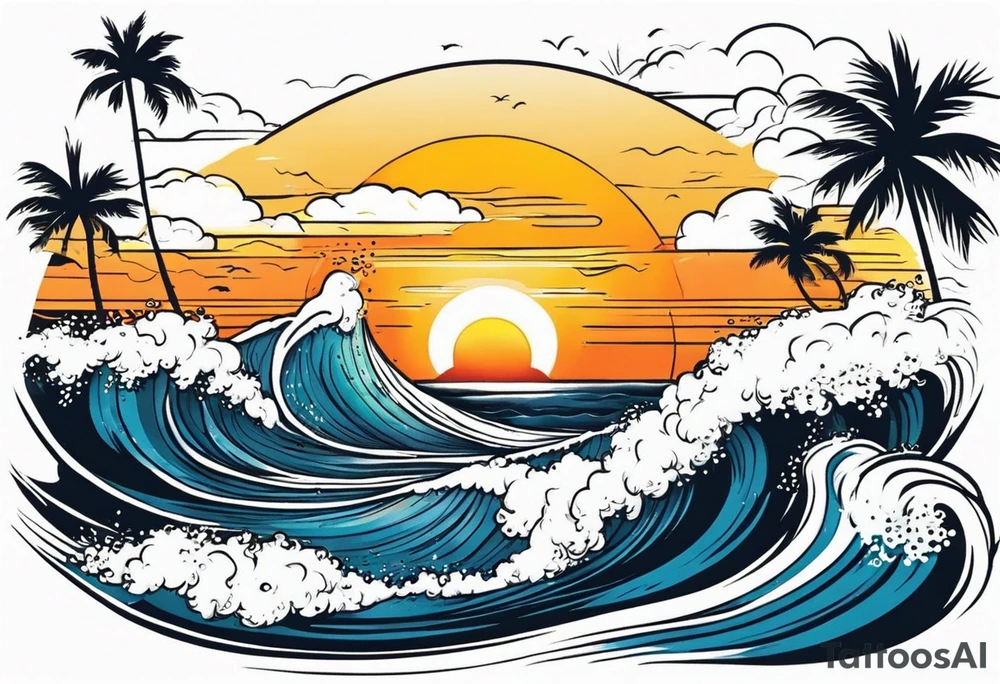 Hawaian beach with a big sun and many waves tattoo idea