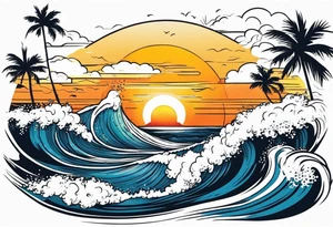 Hawaian beach with a big sun and many waves tattoo idea