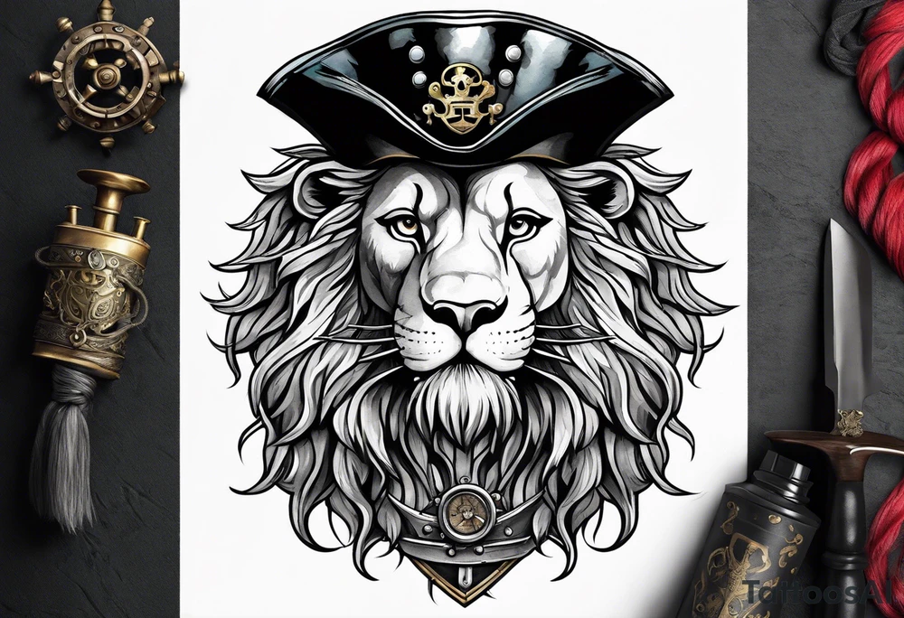 Pirate lion wearing jacket, sword and pistol, nautical steampunk theme. dreadlocks. tattoo idea