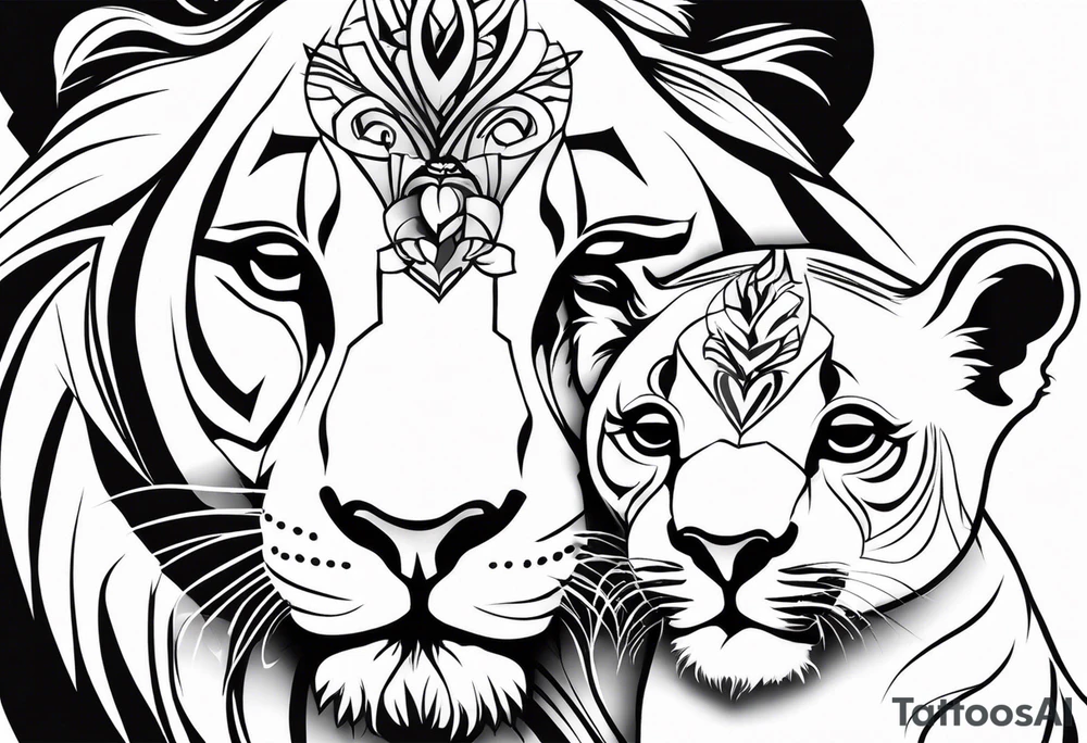 Moitie Visage lion avec son bebe avec trait super fin entouré d'un cœur tattoo idea