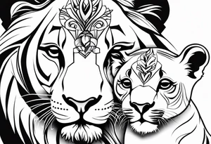 Moitie Visage lion avec son bebe avec trait super fin entouré d'un cœur tattoo idea
