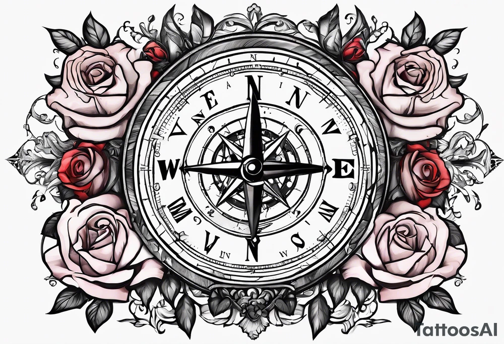 I want a compass that is encompassed by a rose, the arrow is between N and E and switch N for an M and W for an U tattoo idea