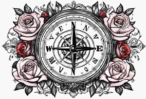 I want a compass that is encompassed by a rose, the arrow is between N and E and switch N for an M and W for an U tattoo idea
