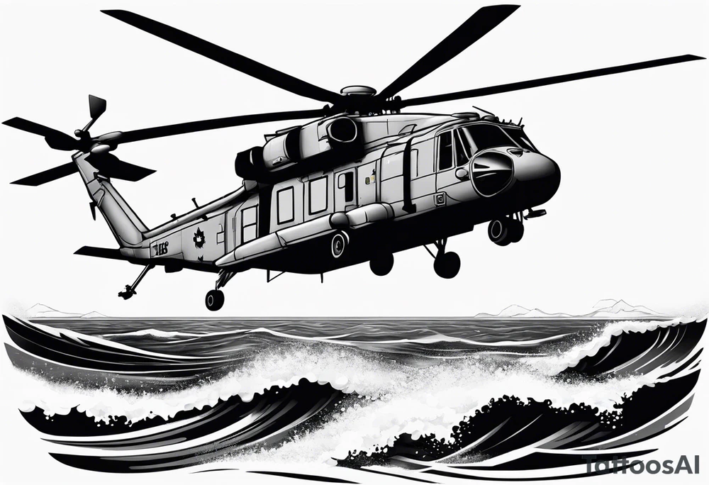 Canadian military grey CH-148 Cyclone helicopter soaring low over rough, ocean waves. A poppy flower be prominently displayed tattoo idea