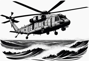 Canadian military grey CH-148 Cyclone helicopter soaring low over rough, ocean waves. A poppy flower be prominently displayed tattoo idea