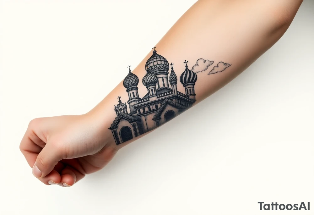 highly detailed Russian Orthodox cathedral sitting on fore arm with onion domes and orthodox crosses, done in fine line, engraving-like style. Cohesive composition, black ink only, no color, high contrast, slightly aged, documentary-style, plain light background. with clouds above it and a virgin mary over looking tattoo idea