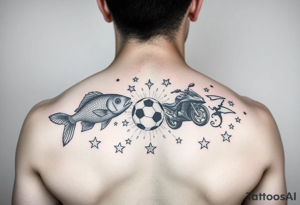 design a quarter sleeve memorial tattoo for my younger brother who died. Use fish, soccer, boxing, motorcycles and stars for design tattoo idea