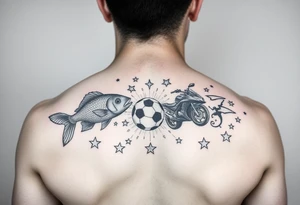 design a quarter sleeve memorial tattoo for my younger brother who died. Use fish, soccer, boxing, motorcycles and stars for design tattoo idea