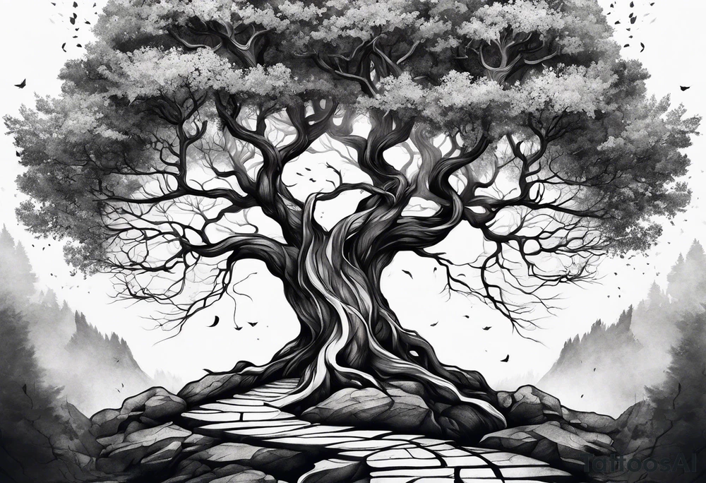 minimalistic Yggdrasil tree with no leaves tattoo idea