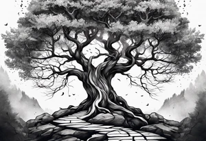 minimalistic Yggdrasil tree with no leaves tattoo idea