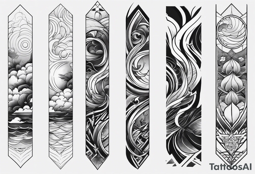From left shoulder to forearm sleeve tattoo. Fine line geometric, concept design tattoo, ocean thunder fire tattoo idea