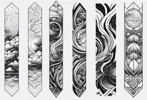 From left shoulder to forearm sleeve tattoo. Fine line geometric, concept design tattoo, ocean thunder fire tattoo idea