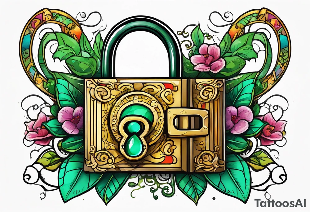 Lock and key with emerald stone tattoo idea