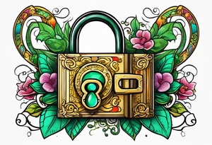 Lock and key with emerald stone tattoo idea