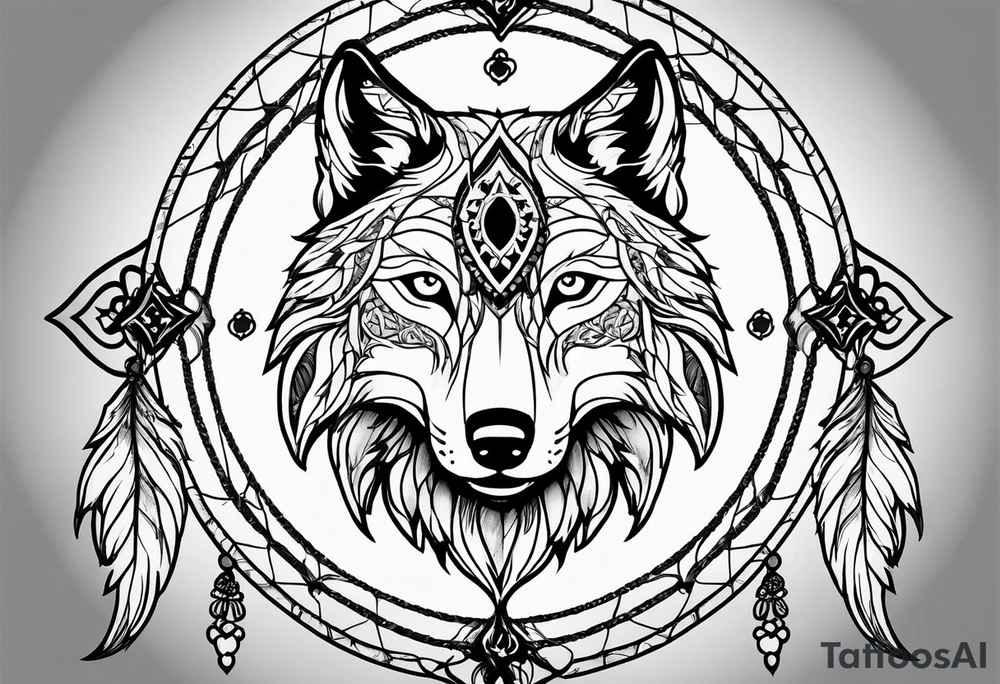 Dream catcher with a wolf head, four leaf clover and a scroll tattoo idea