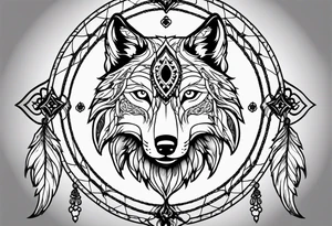 Dream catcher with a wolf head, four leaf clover and a scroll tattoo idea