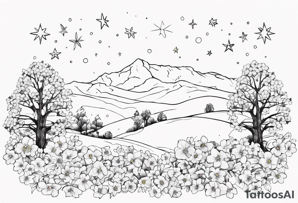 Winter sky, flowers, stars, violets, primroses, daffodil, jonquil, snow, oak tree tattoo idea