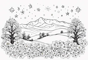 Winter sky, flowers, stars, violets, primroses, daffodil, jonquil, snow, oak tree tattoo idea