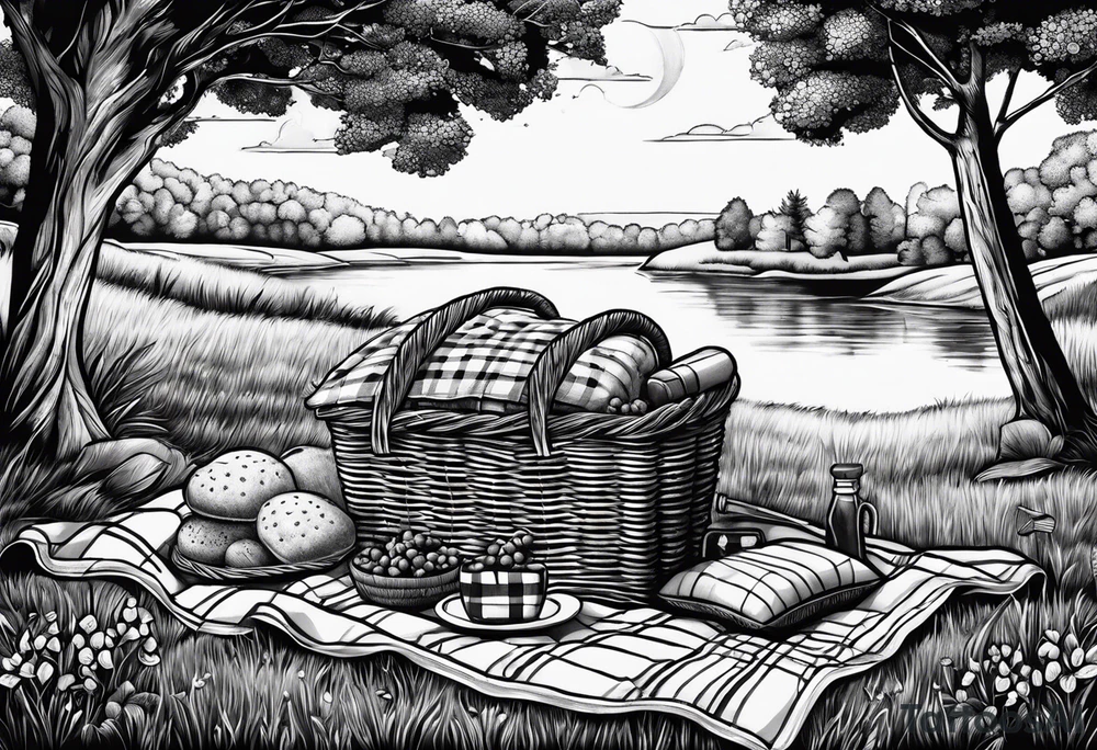 picnic scene in nature with a shecker blanket, a picnic basket and pillows. no food tattoo idea