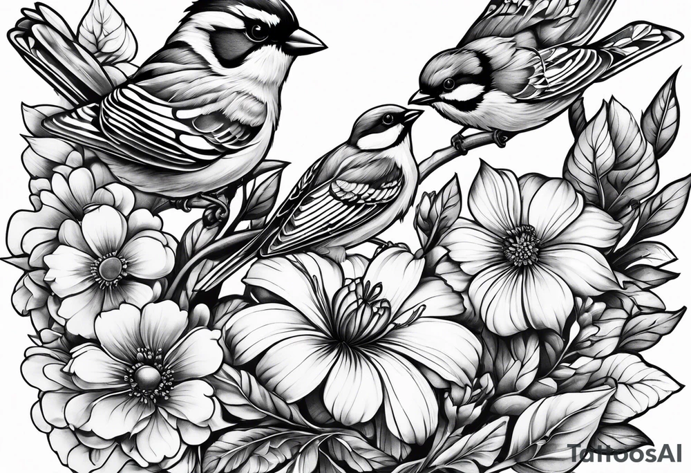 sparrows and butterflies and flowers tattoo idea