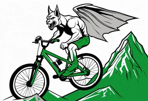 gargoyle riding a full suspension green mountain bike with a shadow no background with wings tattoo idea