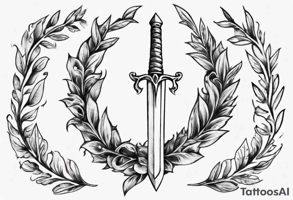 A sword and the number 13 in the middle of a laurel leaf wreath tattoo idea