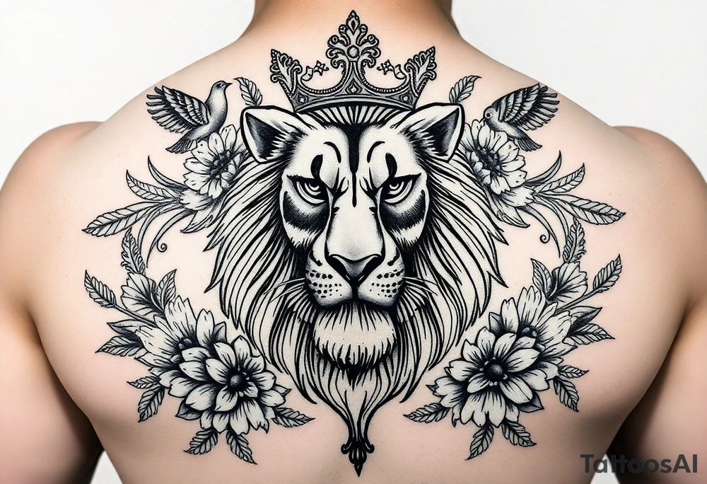 powerful majestic lion with a crown, surrounded by floral ornaments and birds tattoo idea