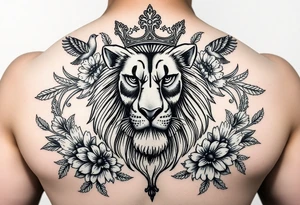 powerful majestic lion with a crown, surrounded by floral ornaments and birds tattoo idea