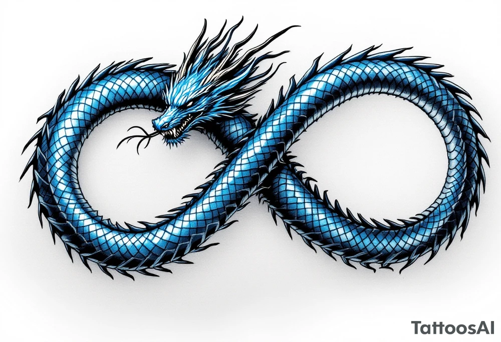 The design features a dragon, coiled in the shape of the infinity symbol (sideways number "8"). The dragon is depicted eating its own tail, symbolizing eternity and continuity, inspired by the Ouroboros.

Details:

The dragon's body has vibrant, glossy blue scales, with a smooth and polished texture.
It maintains a clean, balanced shape in the infinity figure, with sharp details and elegant flow.
Style:

The focus remains on the dragon's form, with no additional background elements to keep the design minimal and modern. tattoo idea