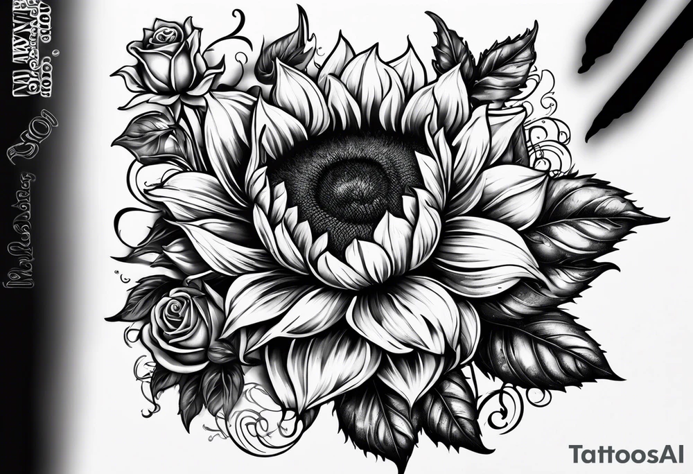 Sunflower and roses with the name Arianna in red scrip letters and “you are my sunshine” tattoo idea