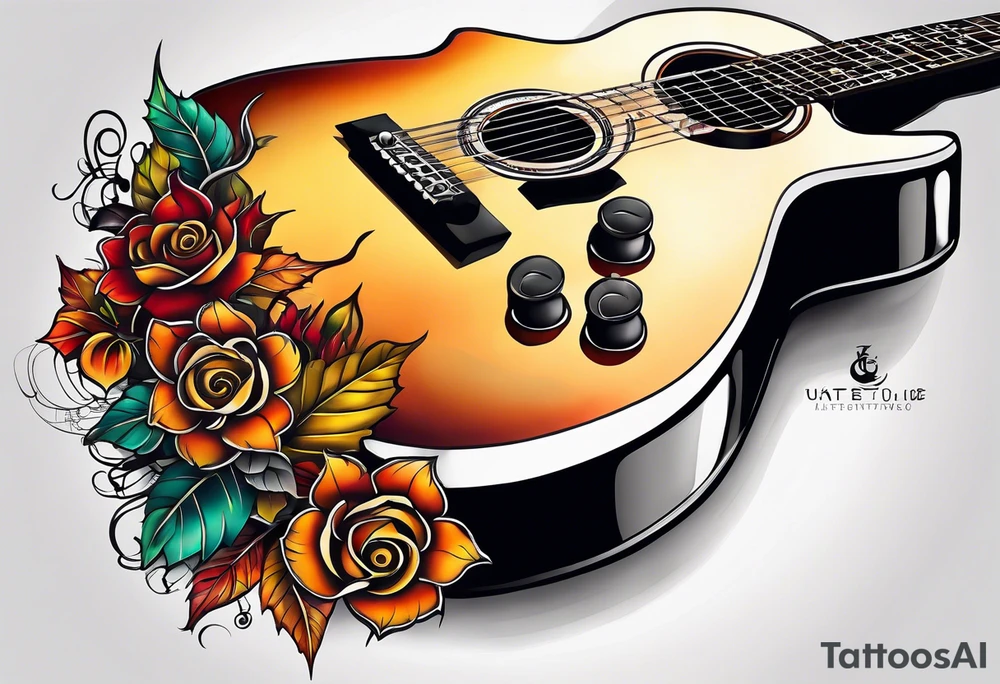 thigh tattoo with fall colors music symbols and a guitar tattoo idea