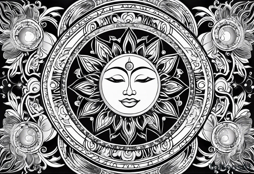 divine feminine arm sleeve with the sun and moon and 7 chakras tattoo idea