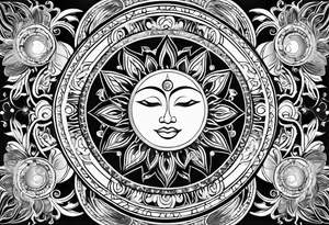 divine feminine arm sleeve with the sun and moon and 7 chakras tattoo idea