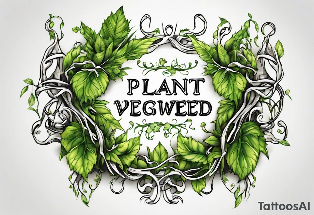 Words “Plant powered” with growing vines tattoo idea