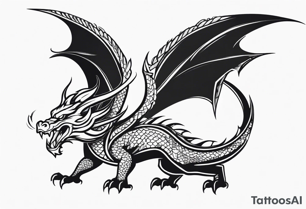 An ornate dragon breathing fire, with intricate scales and a fierce expression, symbolizing power and protection.” tattoo idea