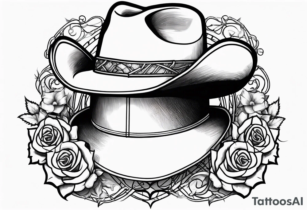 Country acoustic guitar with cowboy hat, barbed wire and roses in background tattoo idea