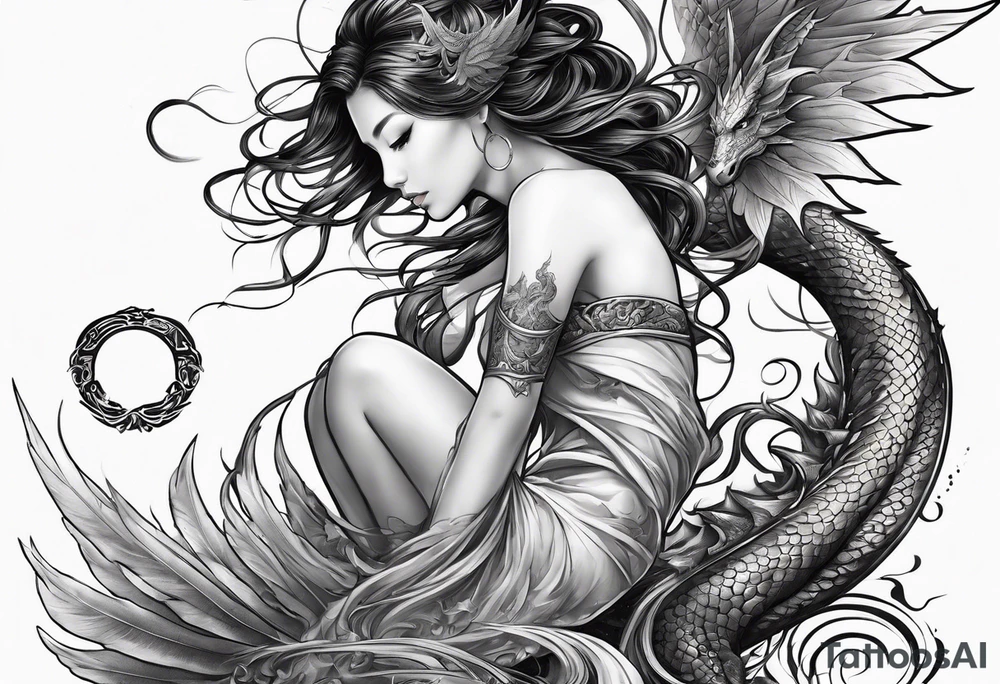 beautiful warrior nymph with large wings coming out of her back and a dragon in the background tattoo idea