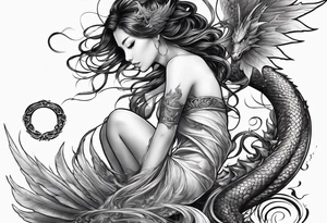 beautiful warrior nymph with large wings coming out of her back and a dragon in the background tattoo idea