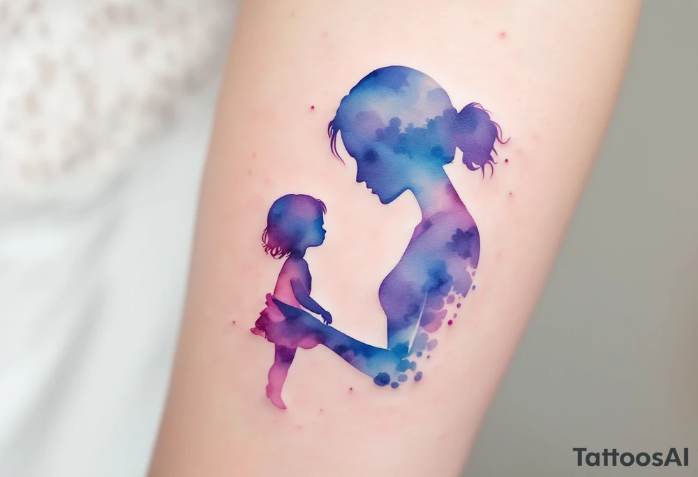 A watercolor-style silhouette of a mother holding her daughter’s hand, in soft pastel purples and blues. tattoo idea
