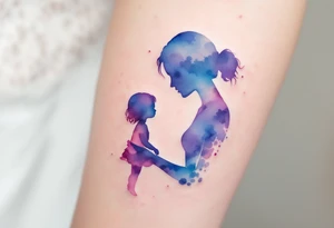 A watercolor-style silhouette of a mother holding her daughter’s hand, in soft pastel purples and blues. tattoo idea
