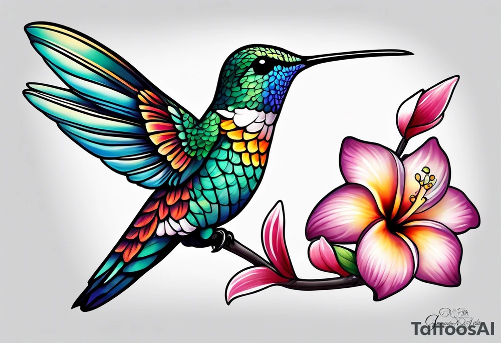 Hummingbird with a plumeria masculine style colorful tattoo idea