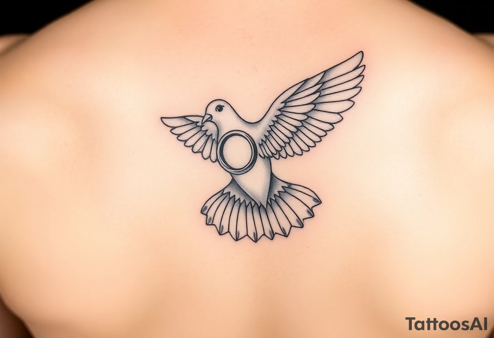 Dove holding two wedding rings and flying towards bride and groom tattoo idea