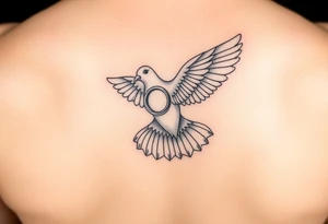 Dove holding two wedding rings and flying towards bride and groom tattoo idea
