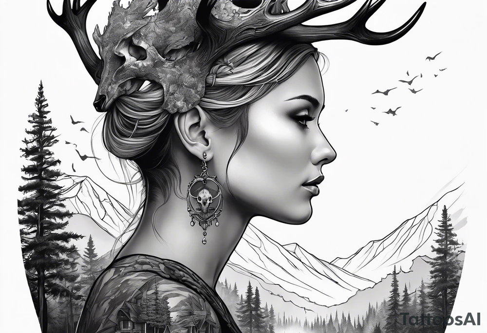 A side profile of a human with a deer skull head, forest fire tattoo idea