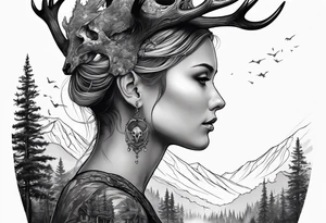 A side profile of a human with a deer skull head, forest fire tattoo idea